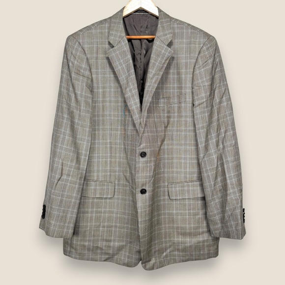 John W Nordstrom Wool Silk Sport Coat Blazer Men 46L Brown Gray Plaid 2 Button